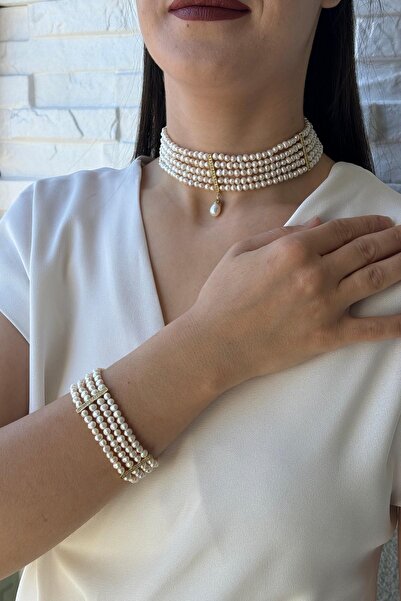 Birinci 925 Ayar Gümüş  Zirkon Taşlı Doğal İnci 5 mm Kolye Bileklik İkili Set