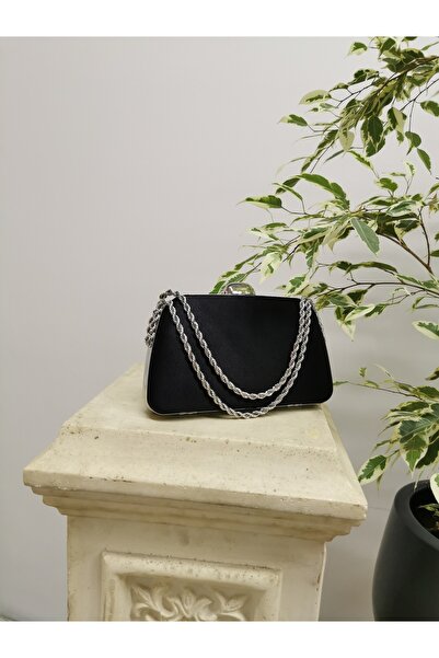 NAZART Kadın Saten Siyah Abiye Clutch Portföy Zincir Askılı  El Düğün Nişan Gece Omuz  Çantası
