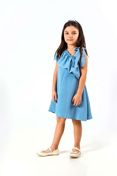 WECAN EXCLUSİVE One Shoulder Balloon Ruffle Dress Blue