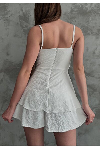 lovebox Women's Aerobin Fabric Collar Cross Detail Skirt Flounced Straps White Jumpsuit 7034