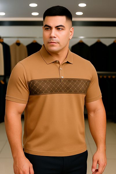 Maccali Men's Large Size Patterned Loose Brown Polo Neck T-Shirt