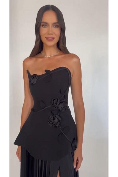 ALFABETA Black And Black Strapless Floral Evening Dress With Front Slit