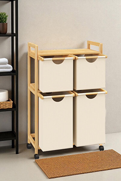 Digithome Bambu 4 Bölmeli Kirli Sepetli Çamaşır Sepeti Raflı Banyo Düzenleyici DB-0018