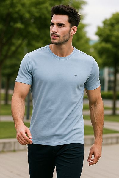 Maccali Men's Short Sleeve Summer Cotton Blue Basic T-Shirt