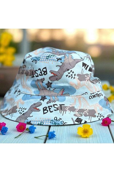 Balgüneş Tekstil 4/8 Years Old Boy's Dinosaur Printed Flower Hat-52Cm Blue