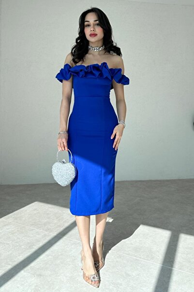 bayansepeti Блуза з відкритими плечима, без бретелей, з розрізом на комірі, середньої довжини, прямого крою, синя сукня без бретелей 219