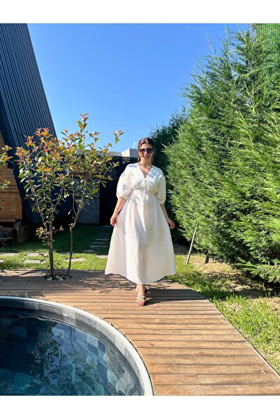 Hazal Ekru Karpuz Kol Müslin Elbise