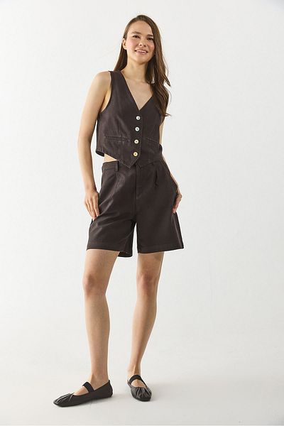 VENA Helen High Waist Linen Bermuda Shorts - Brown