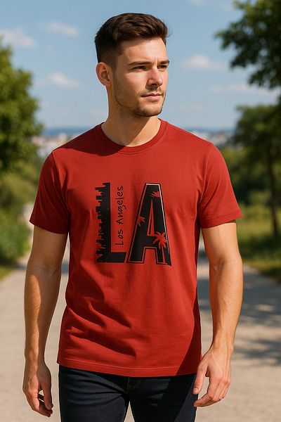 Maccali Men's Crew Neck Cotton Text Print Red T-Shirt