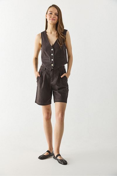 VENA Helen High Waist Linen Bermuda Shorts - Brown