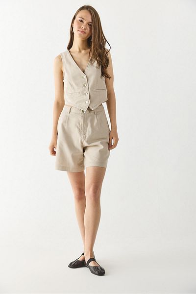 VENA Helen High Waist Linen Bermuda Shorts - Beige