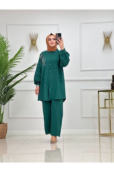 NİSUM MODA Σετ λινό με πέτρες στο μπροστινό μέρος