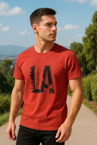 Maccali Men's Crew Neck Cotton Text Print Red T-Shirt