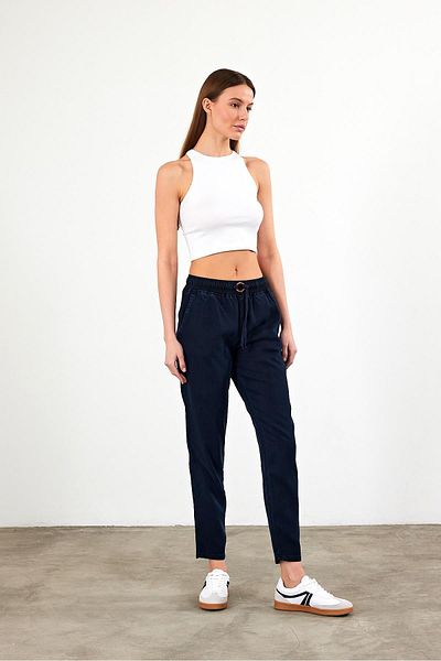VENA Women's Alian Navy Blue Elastic Waist Lyocell Trousers