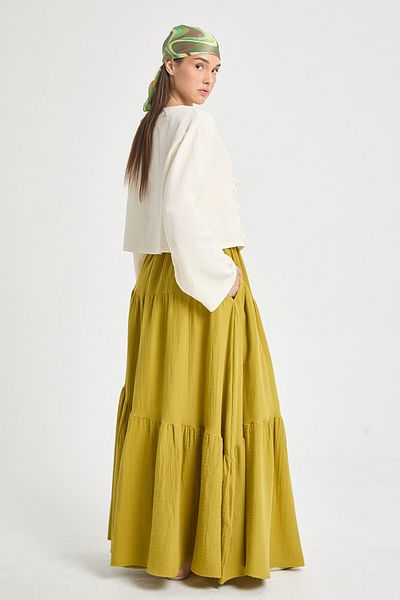 minaaise Women's Oil Green Muslin Fabric Piece Design Long Skirt 29233
