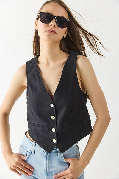 VENA Women's Linen Vest Form Blouse - Black