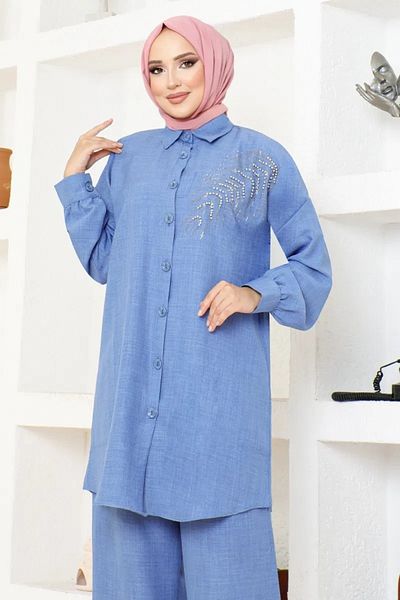 NİSUM MODA Linen Blend Suit with Stones on the Front