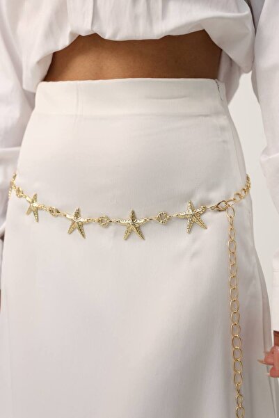Fiori Yıldız Gold Zincir Detaylı Kadın Bel Kemeri,Elbise Kemeri,Etek Kemeri,Pantolon Kemeri