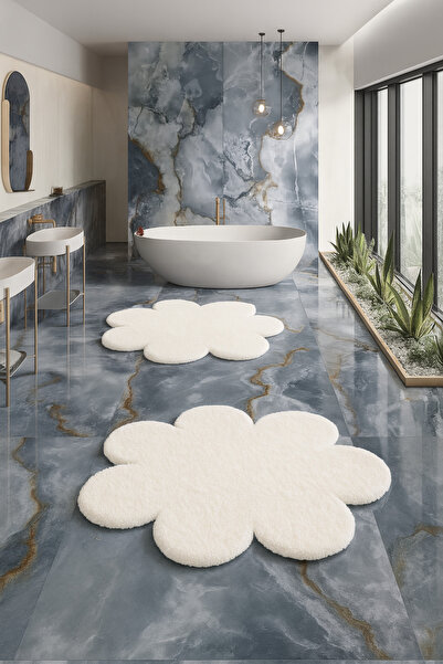 KEVLİNE Bathroom Mat Round Daisy Shaped Double Toilet Set 80X80 - 60X60, Soft...