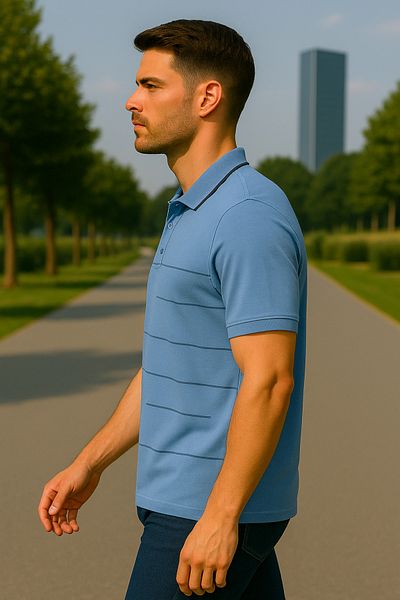 Maccali Men's Striped Cotton Blue Polo Neck Basic T-Shirt