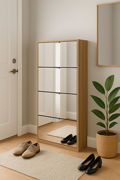 Living Shoe cabinet, white and light brown color, 4 tiers, size 150 cm * 60 cm.