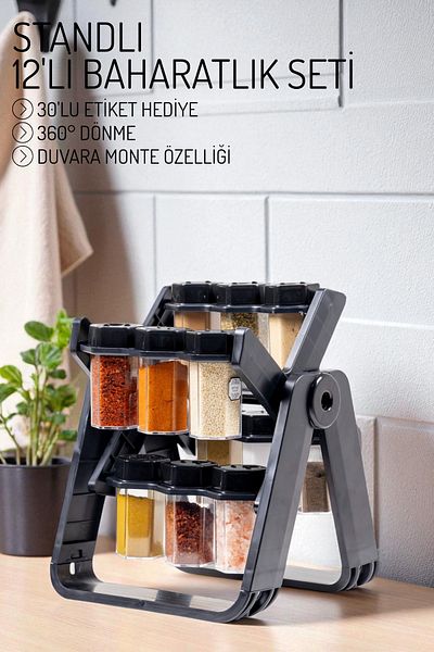 Nandy Home Set of 12 Spice Jars with 30 Labels as Gifts – 360 °   Rotary Stand, Wall Hanging Bracket