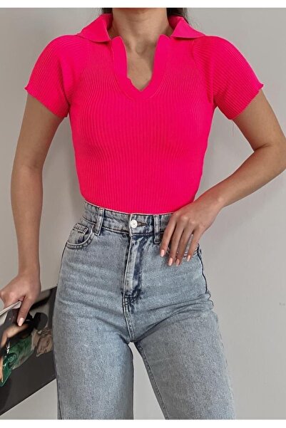 lovebox Γυναικείο ελαστικό πλεκτό ύφασμα με λαιμόκοψη V με κοντό μανίκι Basic φούξια μπλούζα 0271