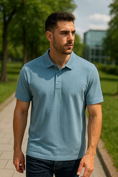 Maccali Men's Slim Fit Short Sleeve Basic Baby Blue Polo Neck T-Shirt