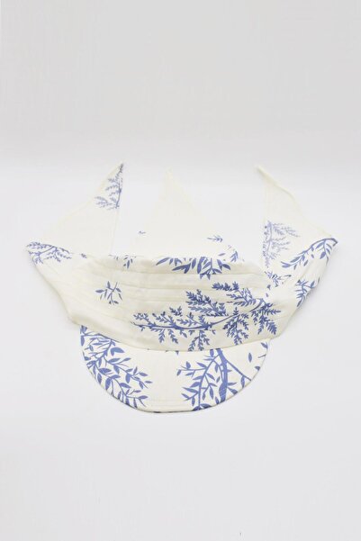 Külah Kadın Mavi Çiçekli Bağlamalı Eşarp Siperli Bandana Plaj Şapkası