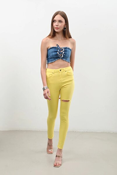 Bluewhite Women's Ripped Detailed Jean Trousers Yellow