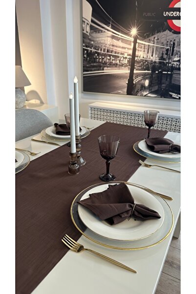 Decamor home Keten Dokulu Kahverengi Runner Dertsiz Kumaş 1 Ad Runner