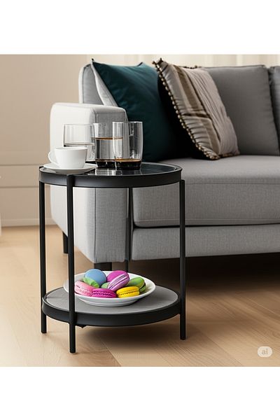 private house Set of 2 single-serve tables with a glass top and gray wood