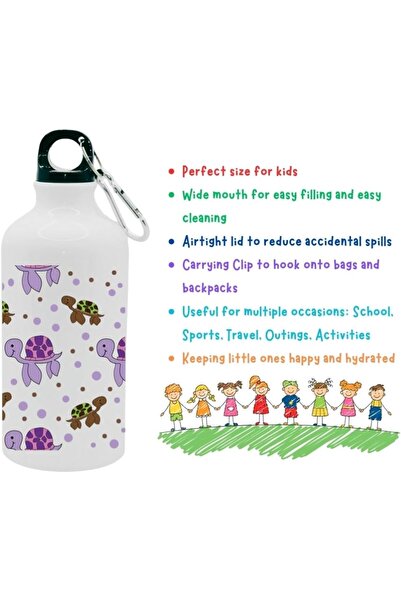 SiestaSafari Kids Water Bottle For Girls 500ml With Carrying Clip Cute Turtles, For School, Sports,