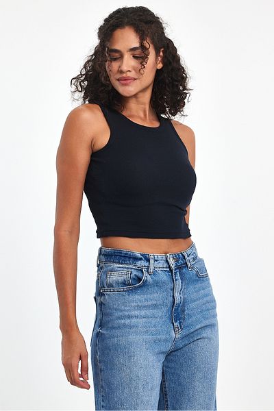 mmetalic Women's Navy Blue Corded Look Strap Thick Flexible Knitted Basic Crop Tank Top
