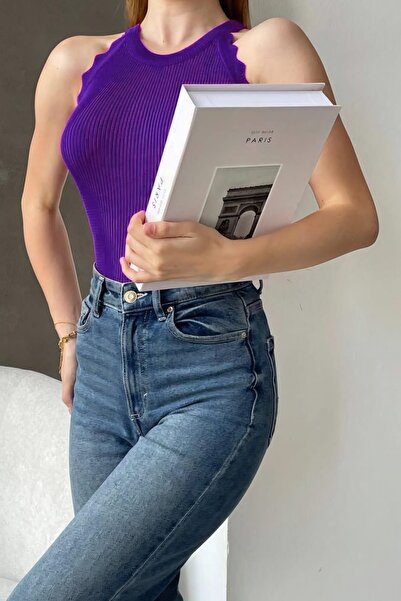 lovebox Жіноча еластична трикотажна тканина з воланами без рукавів, базова блуза, фіолетова 0296