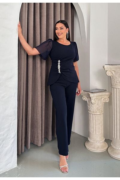 Butik Nilyam Women's Plus Size Crew Neck Chiffon Sleeve Waist Drape Stone Detail Blouse Pants Evening Dress Suit 24790