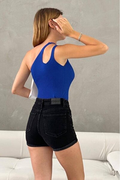 lovebox Жіночий еластичний трикотажний одяг з одним плечовим ременем, дизайн Basic Saks, блакитна блуза 0300