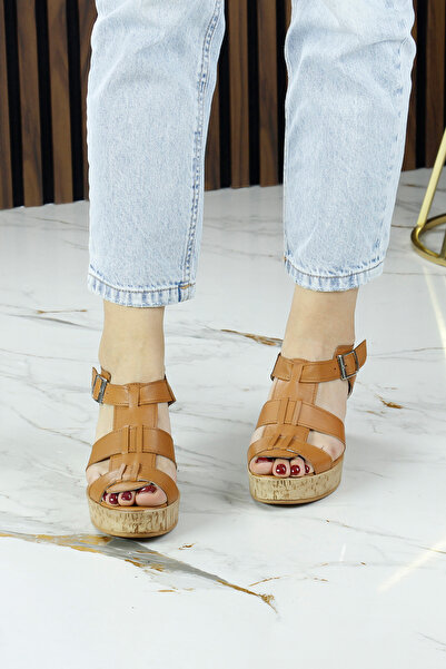 Erkan Saçmacı Xena Tan Genuine Calfskin Cork Sole Look Wedge Heeled Gladiator Sandals