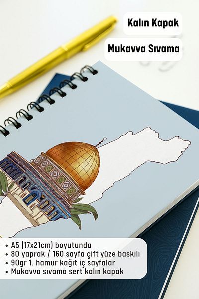 Eldesen Tasarım دفتر ملاحظات مسطر بغطاء سميك حلزوني مقاس A5، 80 ورقة 160 صفحة، القدس