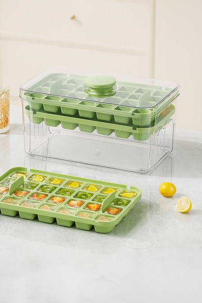 BEYZANA New Generation Pressed Double Ice Tray Ice Box – 28 28 56 Compartments with Lid Storage Box 10X20 cm