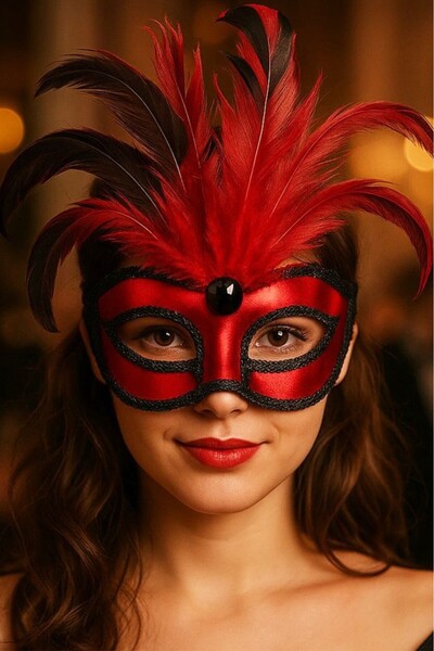 BeySüS Kırmızı Tüylü Parti Balo Maske