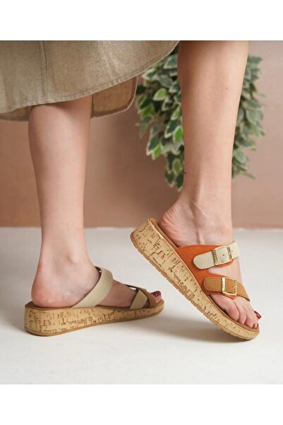 Yılmaz Exclusive - Women's Flip Flop Buckle Tan Orange Beige Slippers