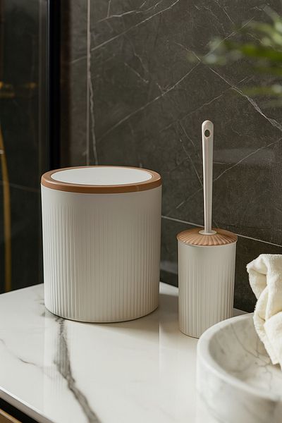 Makri 2-Piece Bathroom Set, Trash Can and Wc Brush Holder, White, Volume: 6 Liters