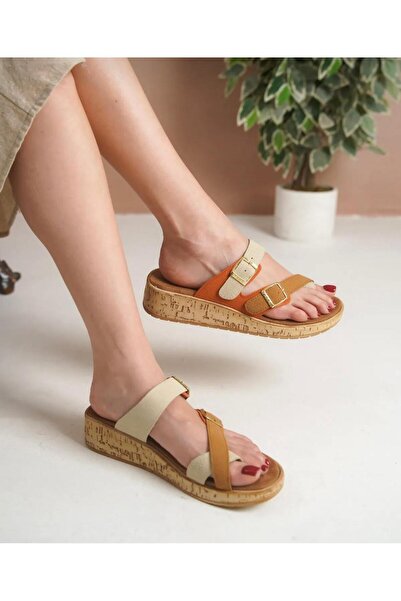 Yılmaz Exclusive - Women's Flip Flop Buckle Tan Orange Beige Slippers