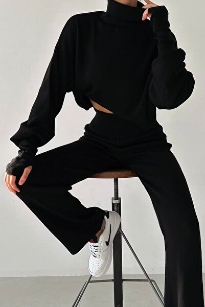 WOMAN VISION Magas derekú és kézzel zárható fekete kötöttáru Crop nadrág szett - 015