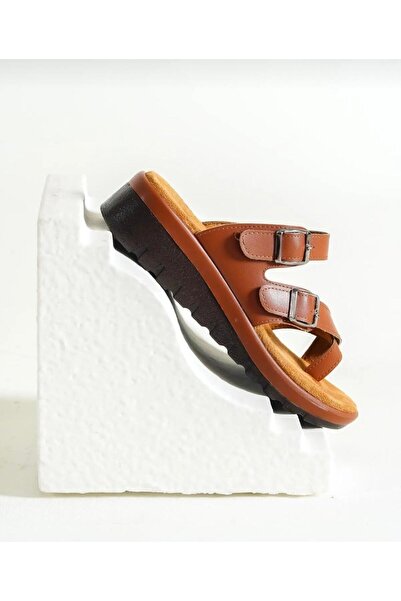 Yılmaz Exclusive - Women's Flip Flop Buckle Tan Slippers