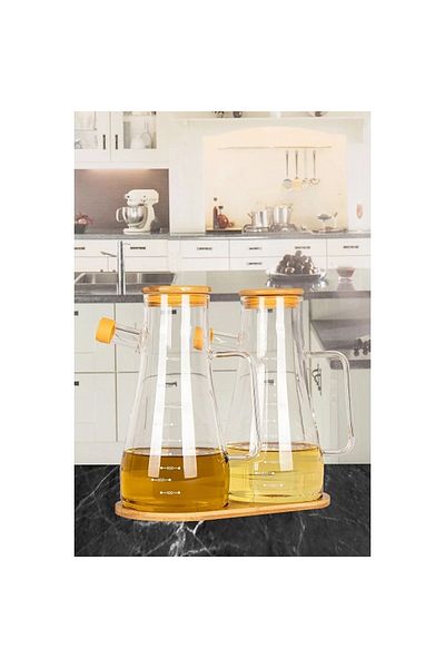 CİHO 3' Glass Oil Bottle with Bamboo Lid and Borosilicate Base Vinegar Bottle 900 ml