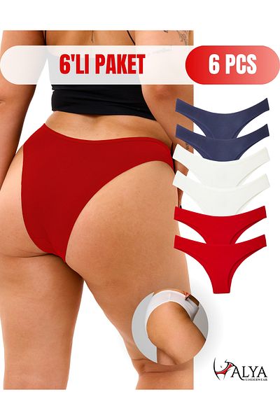 ALYA UNDERWEAR Colored Cotton Women's Panties - Brazilian Fit, Navy Blue/Red/Ecru, 6 Pieces