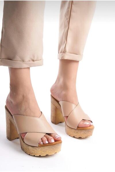 Yılmaz Exclusive - Women's Platform Heeled Beige Slippers