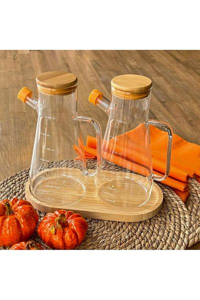 CİHO 3' Glass Oil Bottle with Bamboo Lid and Borosilicate Base Vinegar Bottle 900 ml